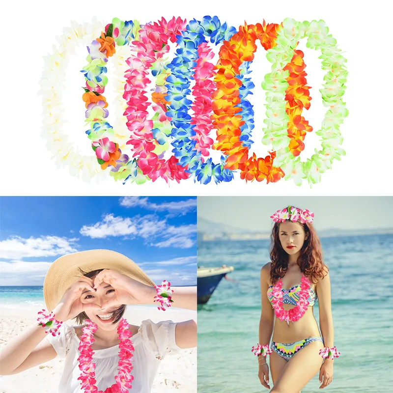 

4pcs/set Hawaiian Wreath Artificial Necklace Hawaii Flowers Summer Tropical Beach Pool Party Supplies Wedding Garland Decoration