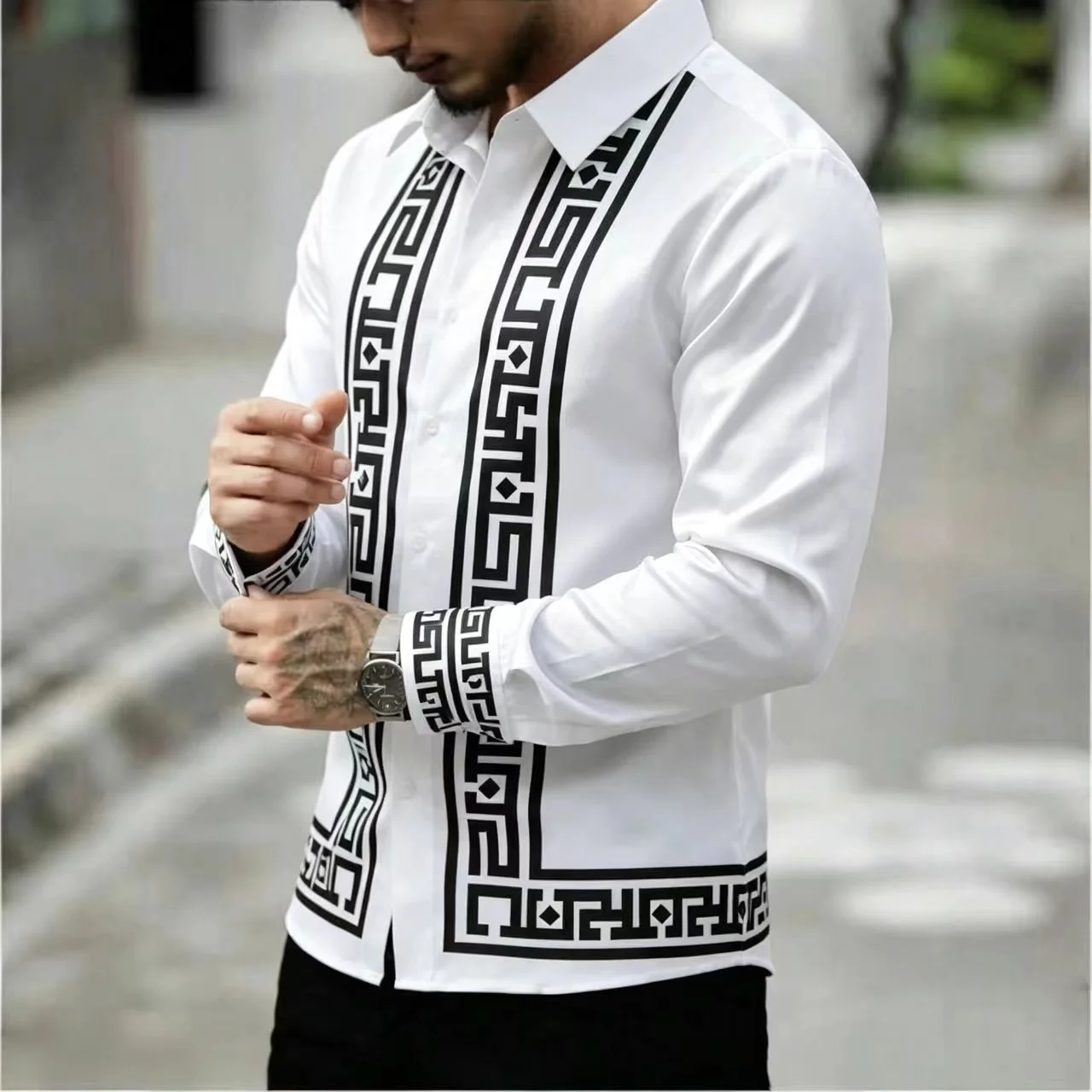 Men's Fashionable Long Sleeved Shirt  Casual  Retro  Versatile  With Geometric Print Pattern  Comfortable high-quality Top