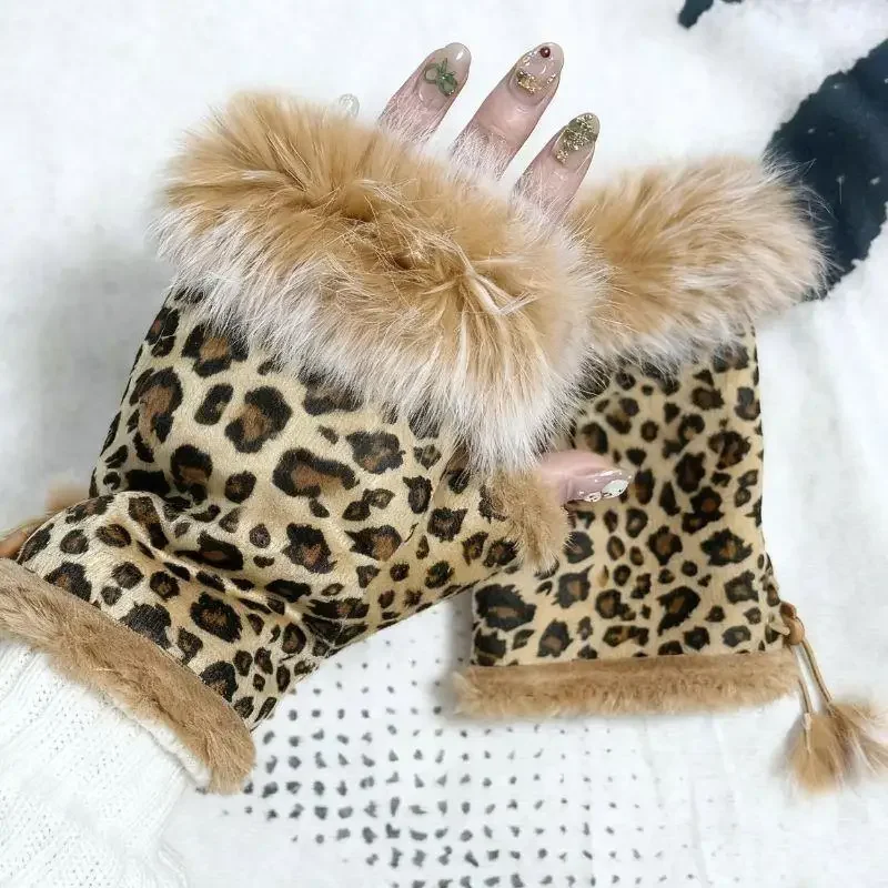 Y2K Leopard Print Gloves Plush Suede Faux Rabbit Fur Fingerless Gloves Christmas Women Hand Wrist Windproof Mittens Warmer