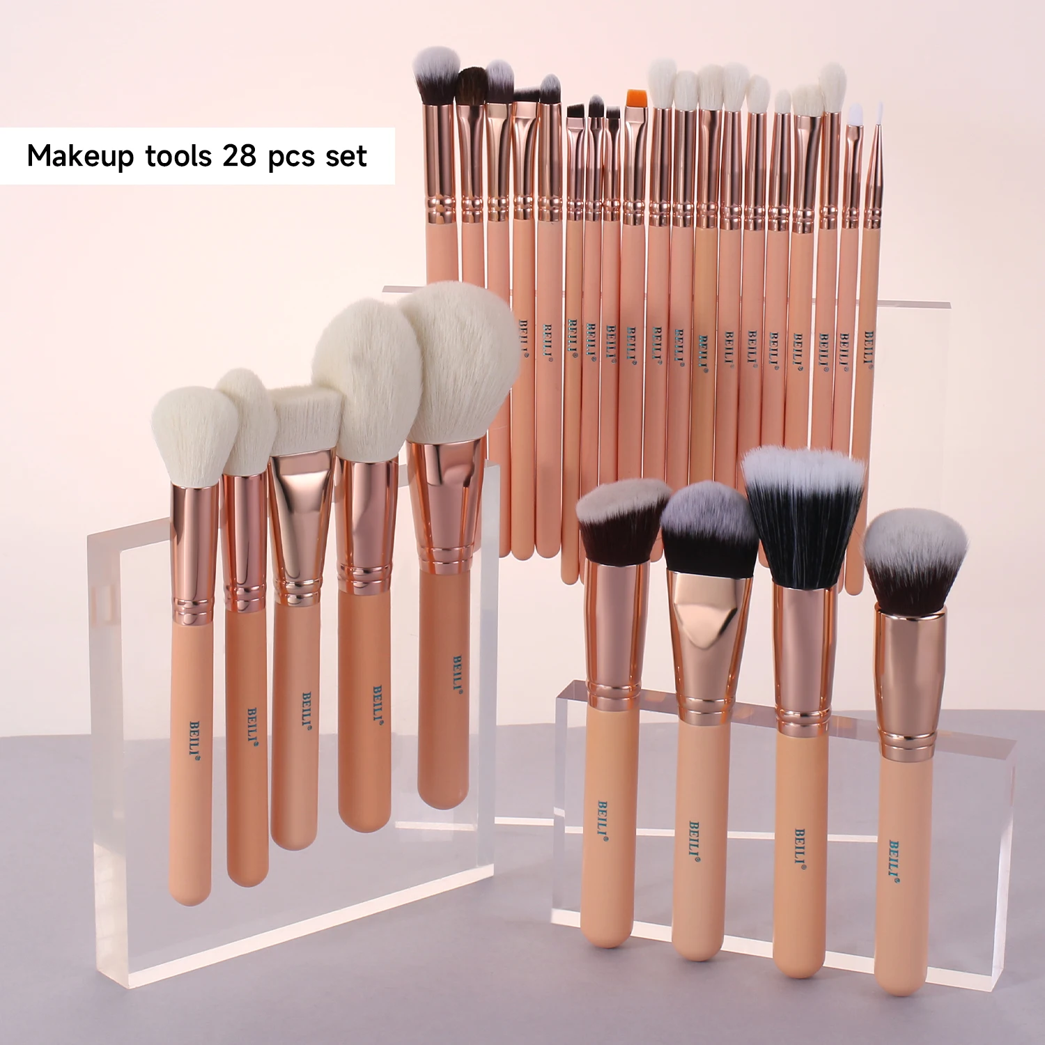 

28pcs Rose Gold Makeup Brush Set with Pink Handle Goat Hair Custom Foundation Contour Eye Powder Brushes Private Label