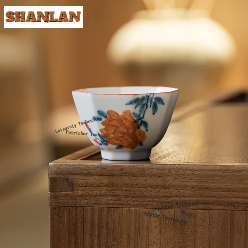 80ml Hand-painted Peonies Octagonal Teacup Elegant Tea Bowl Tea Pair Tea-tasting Meditation Cup Jianzhan Master Cups Chinese Tea
