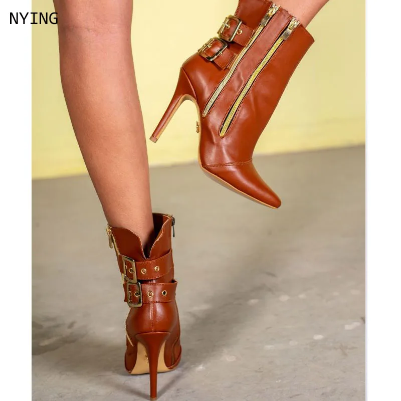 

Women Black Pointed Boots Leather Stiletto Zipper Modern Matte Calf Ankle British Style Simple Thin Heel Shoes 44