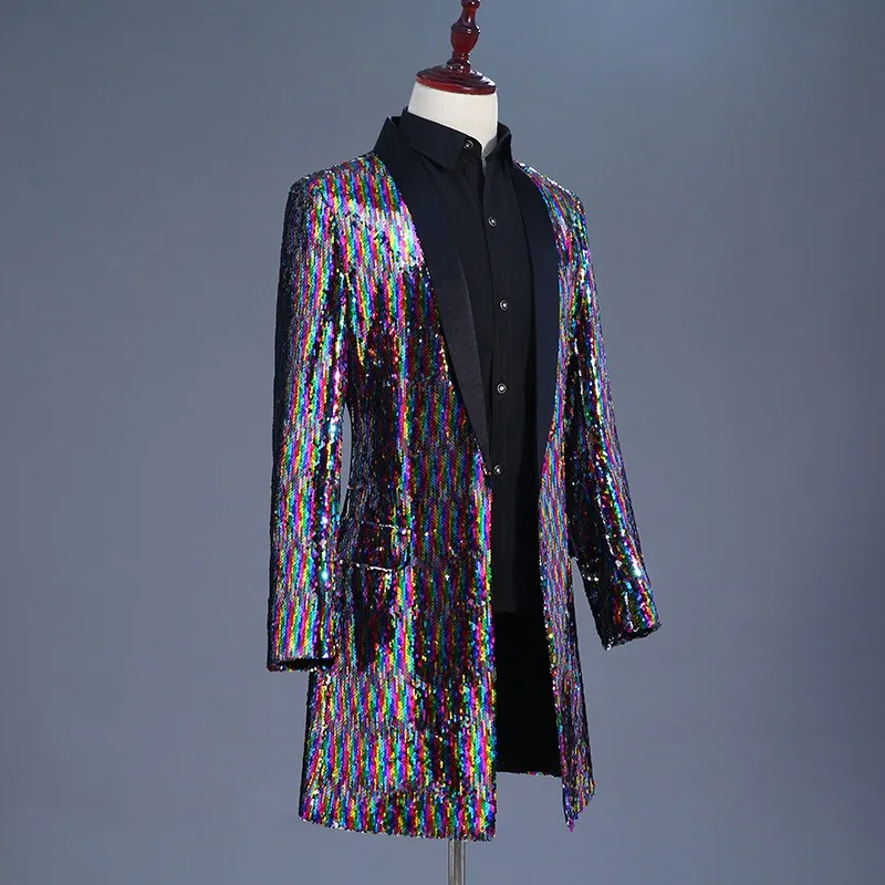 الرجال دعوى ملهى ليلي بار رئيس طويل تلون سترة واقية الوجه الملونة الترتر DJ المغني ازياء السترة للرجال