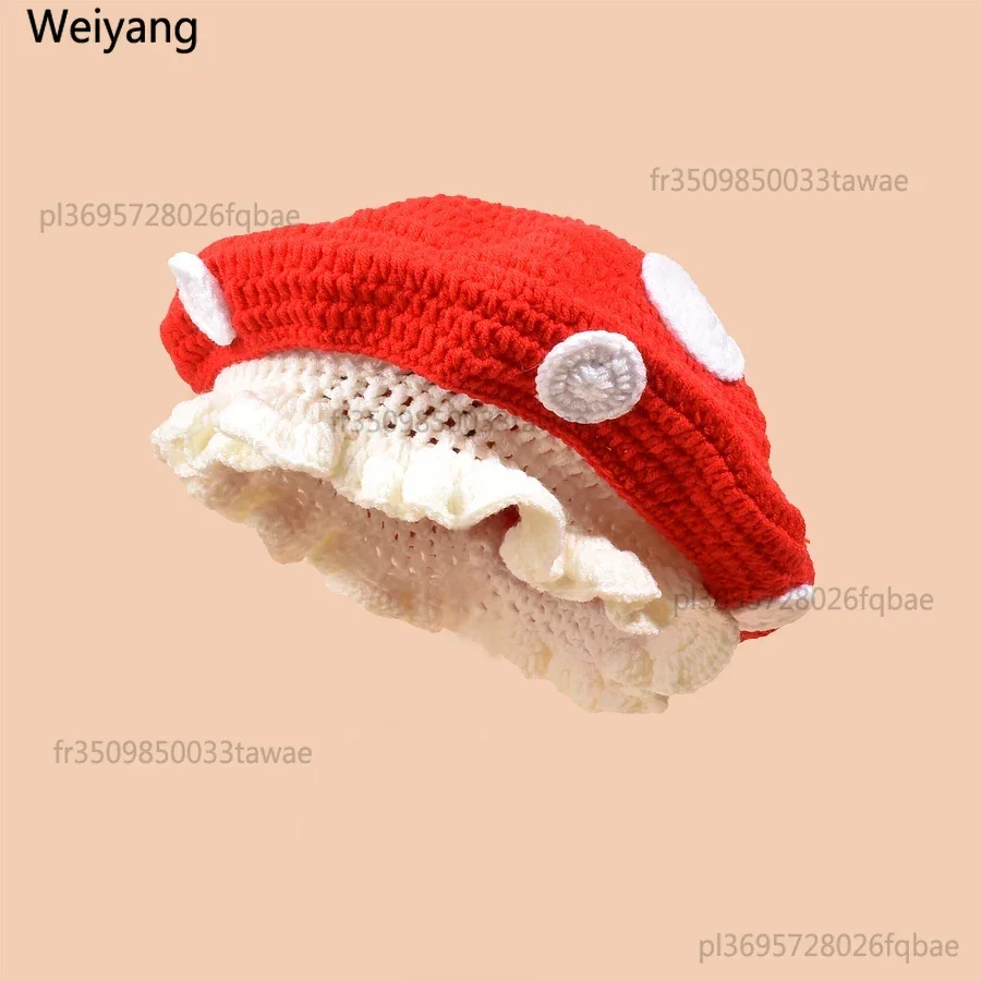 Nischenartiger, handgehäkelter Pilzhut für Damen, Herbst und Winter, niedliche, lustige Dekoration, warme gestrickte Bucket-Hüte für Herren