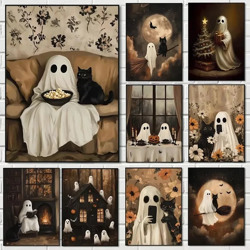 DIY Paint by Numbers Retro Autumn Halloween Ghost Pumpkin Black Cat for Adults Beginner Canvas Wall Art Home Decor Gift