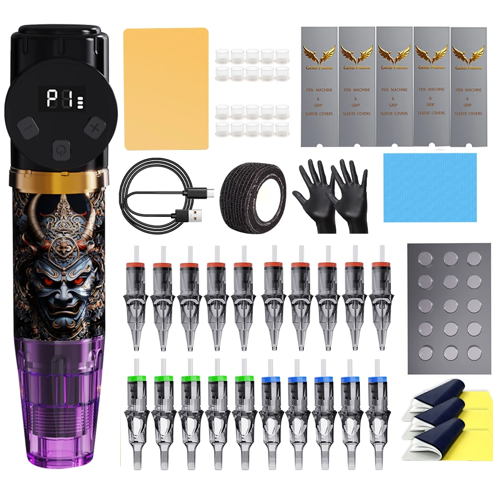 Wireless Tattoo Pen Kit Digital Display Rotary Tattoo Machine Complete Tattoo Needles Supply Set for Beginners Artists