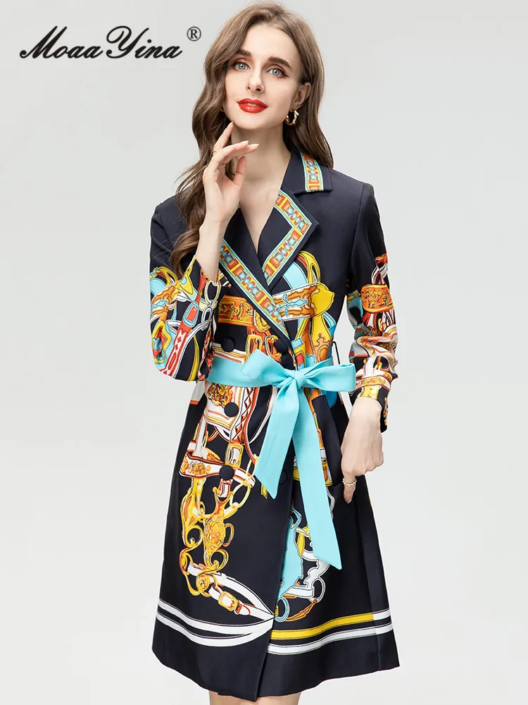 MoaaYina Autumn Fashion Designer Vintage Pattern Printed Trench Coat Women Lapel Frenulum Gathered Waist Slim Short Trench Coat