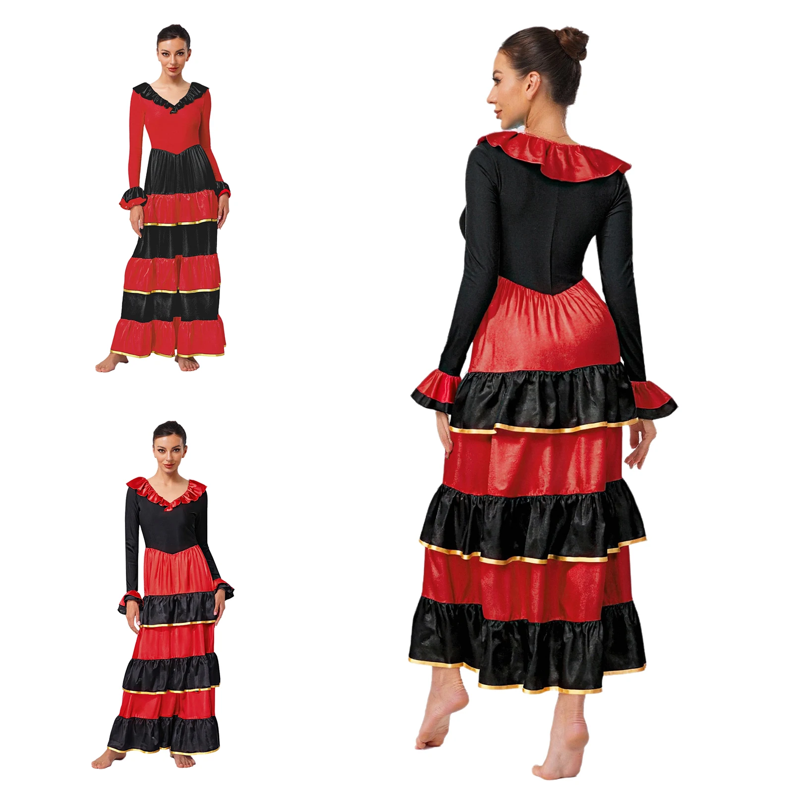 Womens Adult Flamenco Spanish Dance Dress Tiered Ruffled Big Swing Long Sleeve V Neck Dress Ballroom Dancing Party Stage Clothes