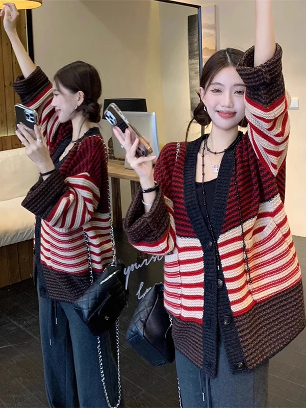 

Женский свободный крой, полосатый вязаный открытый кардиган, цветной блузка, осенне-зимний свитер, джет, удобный мягкий корейский сле