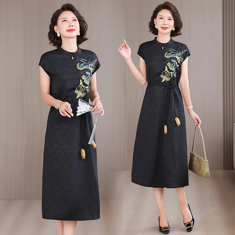 Summer Chinese Style Silk Jacquard Midi Sundress 2025 Women Boho Fashion Casual Embroidery Dress Elegant Luxury Festival Vestido