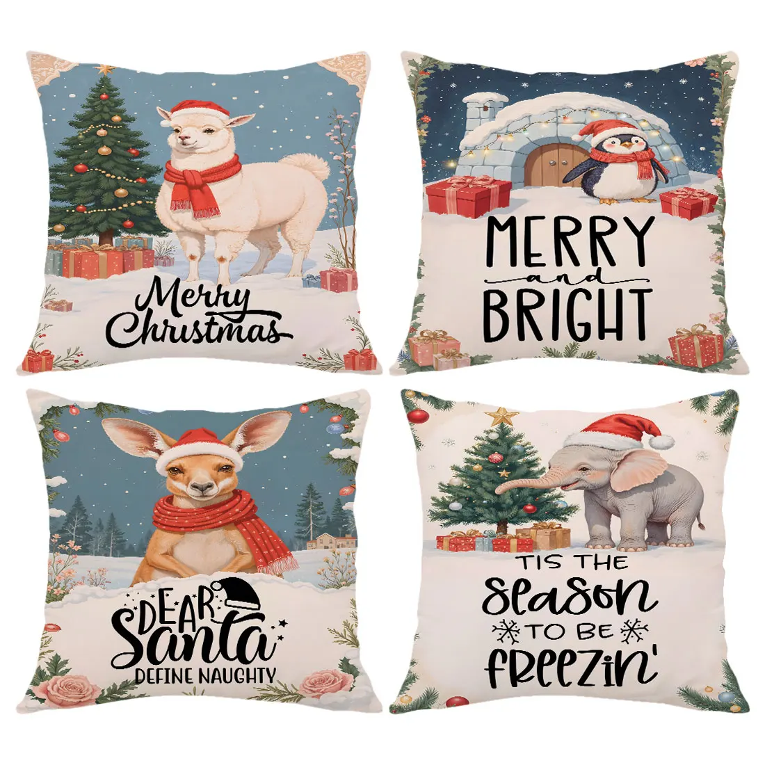 45cm Christmas Throw Pillow Cover, Christmas Penguin Kangaroo Elephant ,“Merry Christmas” for Home Sofa Cushion Cover Decor