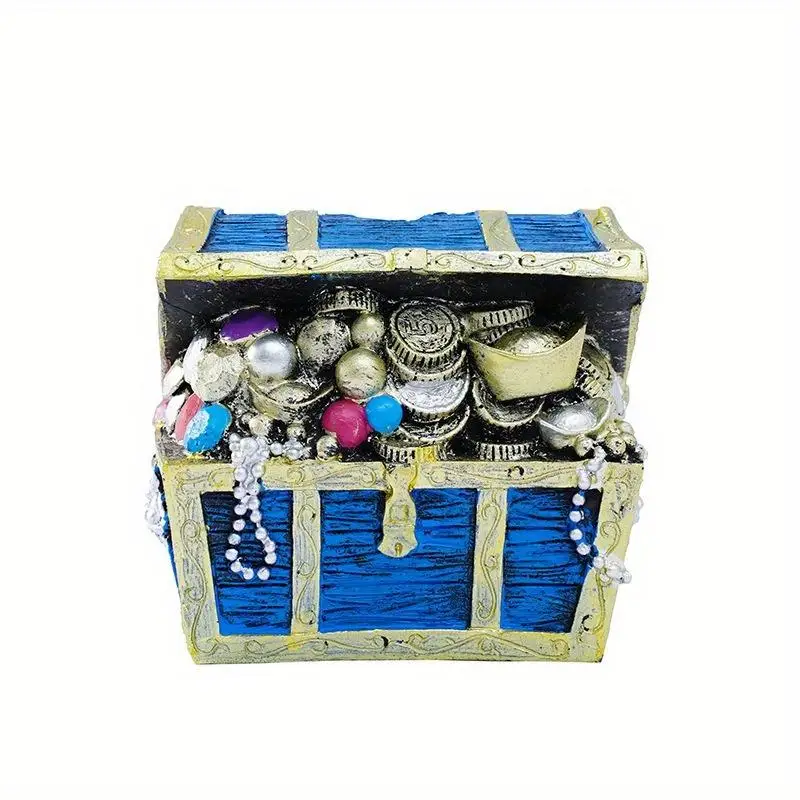 Aquarium Treasure Chest Ornament Resin Hollow Harmless Decorative Compact Treasure Chest Hideaway Blue for Fish Tank Landscape