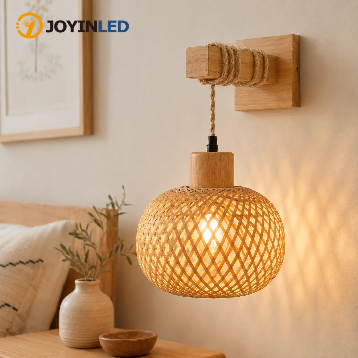JOYINLED Bambus-Rattan-Wandleuchte, handgewebte Boho-Wandlampe E27, rustikale Bauernhausleuchte für Schlafzimmer, Wohnzimmer, Flur