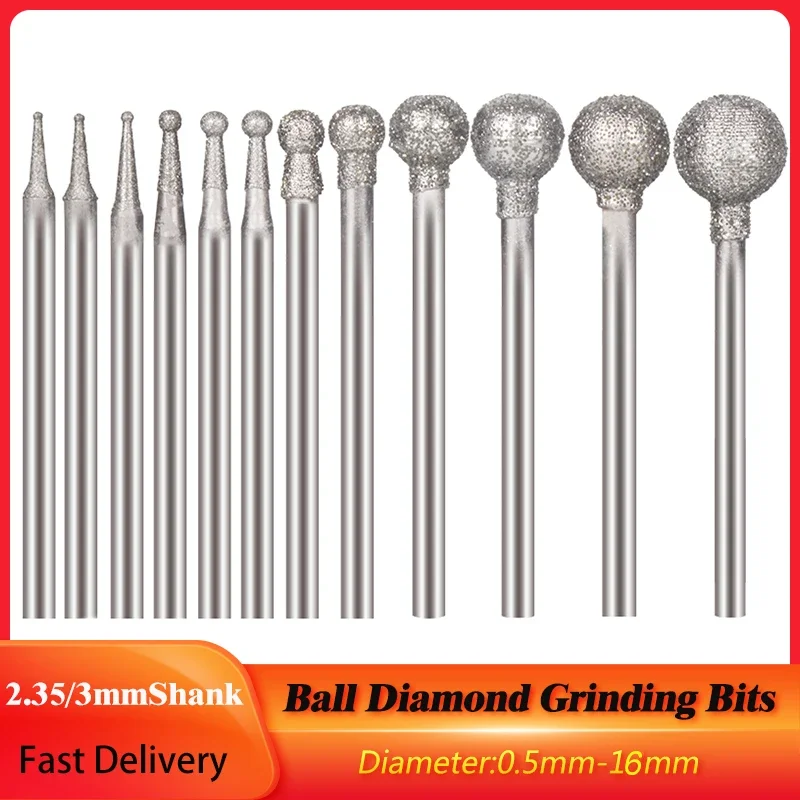 

5pcs 0.5-16mm Ball Diamond F-Needle Electroplated Burr Bit 2.35/3mm Shank Polishing Grinding Head For Carving Dremel Rotary Tool