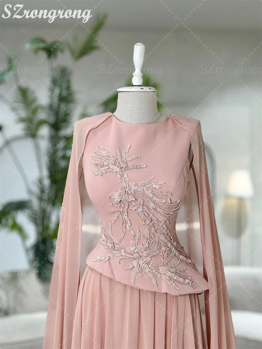 Custom Made Pink O-neck Chiffon Draped Dubai Evening Dress Floor Length Backless Cape Embroider Prom Bridal Dress with Train
