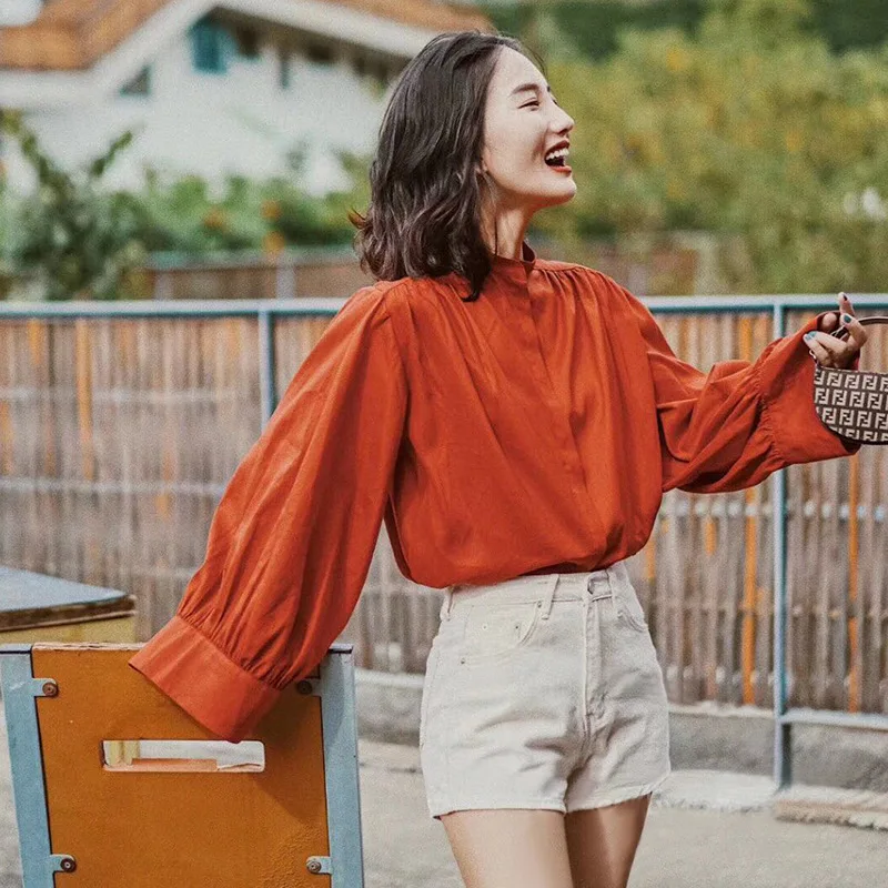 Withered Nordic Style Niche Loose Rust Red Retro Lantern Sleeve Stand Up Collar Shirt Blouses Women's Clothes Shirts Tops