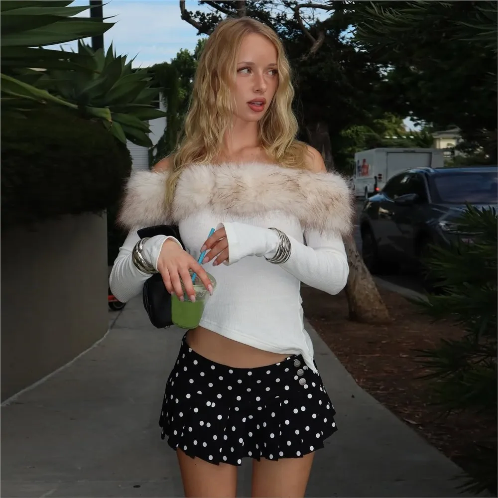 Casual T Shirt Tees Plush Patchwork Long Sleeve Tops Blusas Hot Girl Style Irregular One Line Neck Off Shoulder Women's Clothing