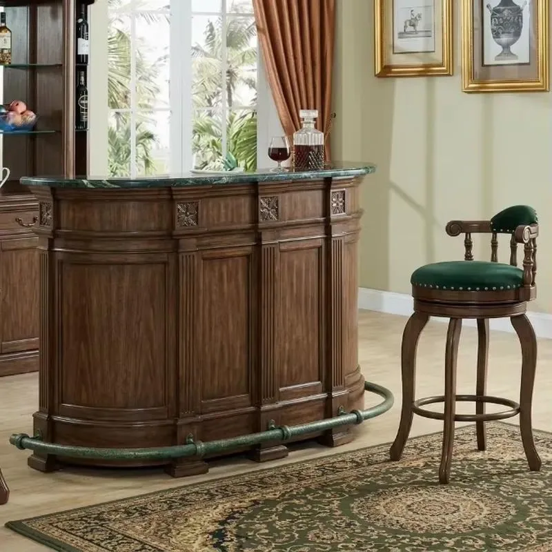 Hotel Grade Curved Solid Wood Bar Counter Custom Marble Top Luxury Resort Leisure Furniture FF E Engineering Certification