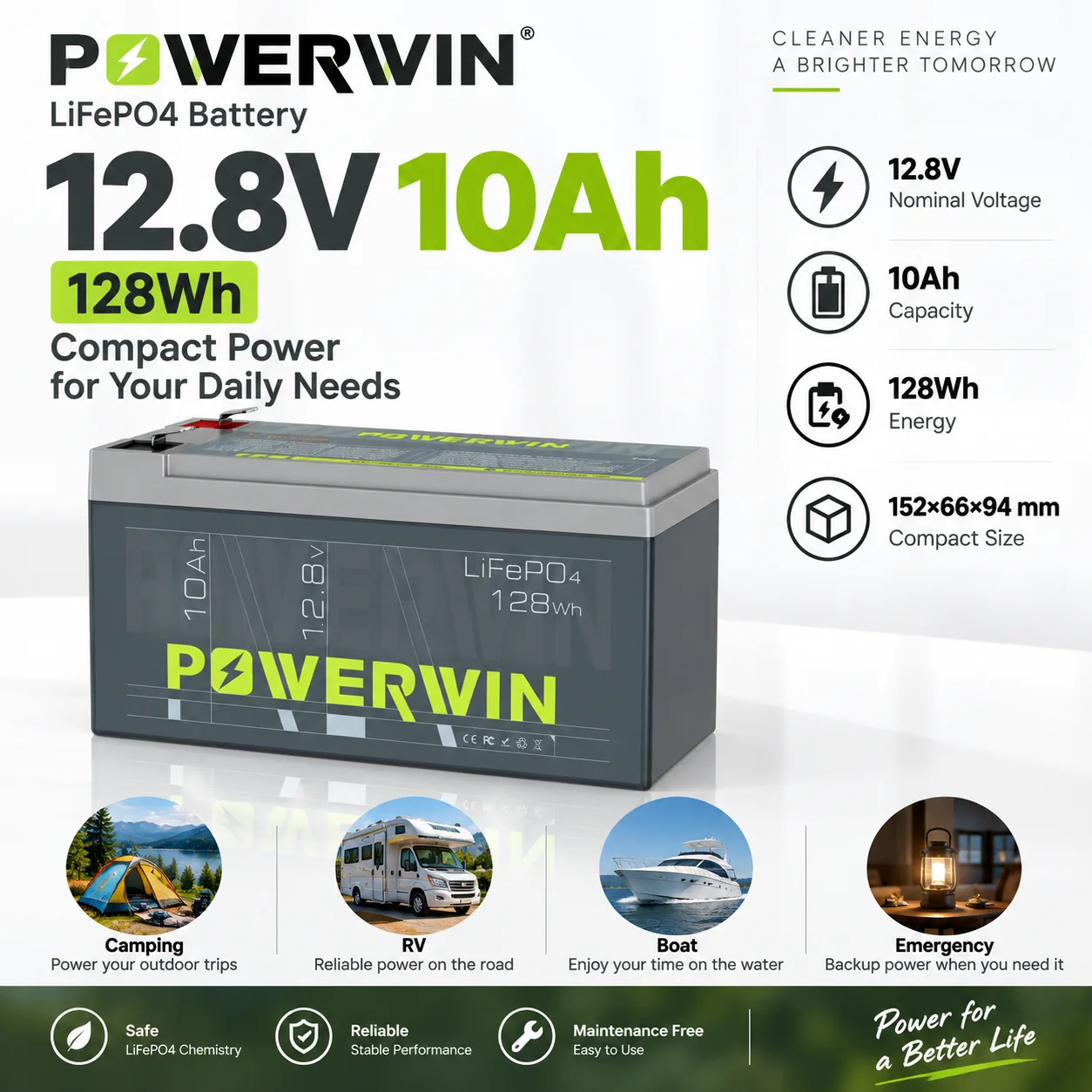 POWERWIN BT10 12.8V 10Ah LiFePO4 Battery 128Wh with Smart BMS for UPS and 12V Backup Power