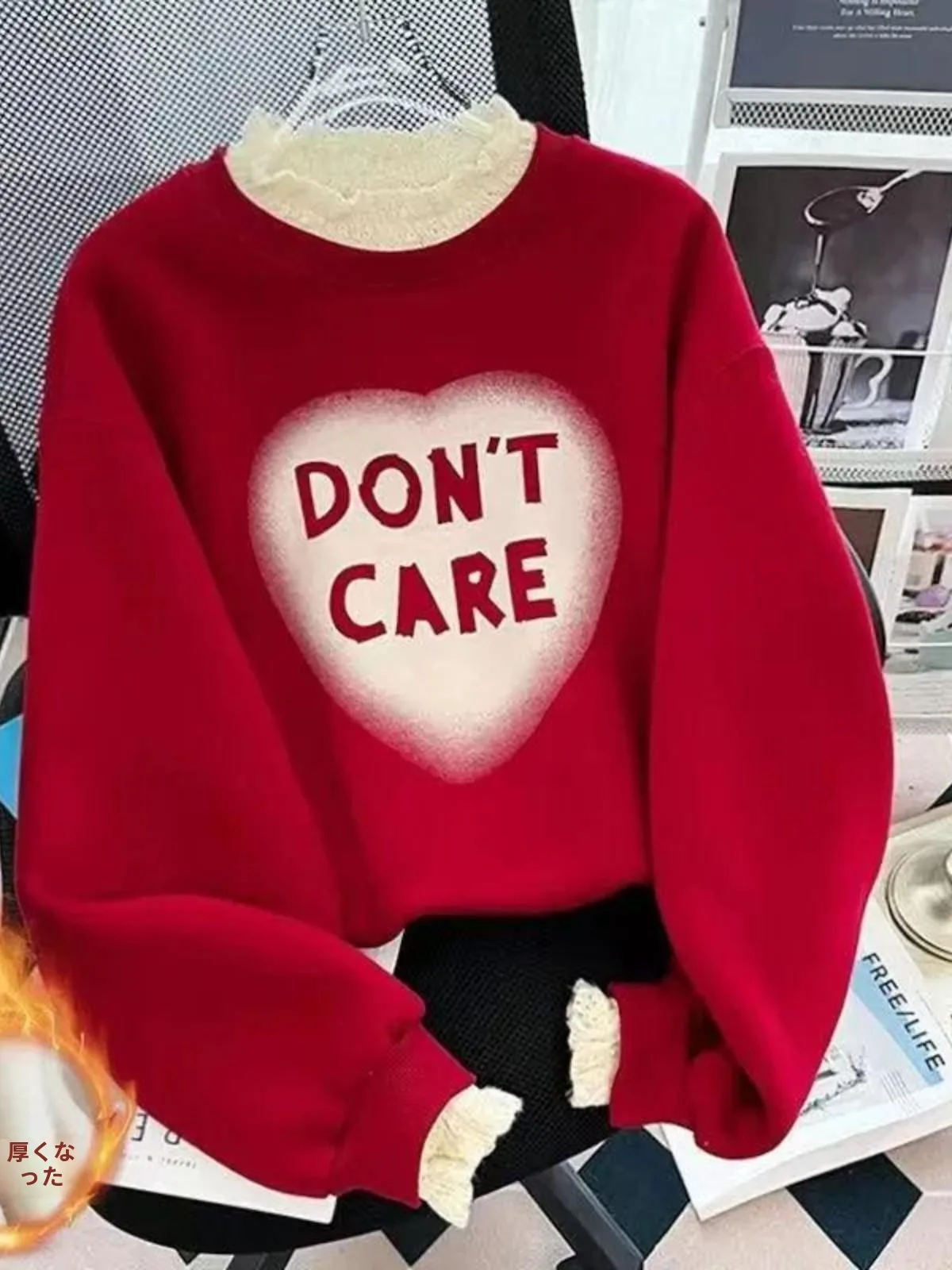 赤いフリース裏地肥厚パーカー女性のベースシャツハーフハイカラー秋冬ファッションアウター女性のための幸運の年