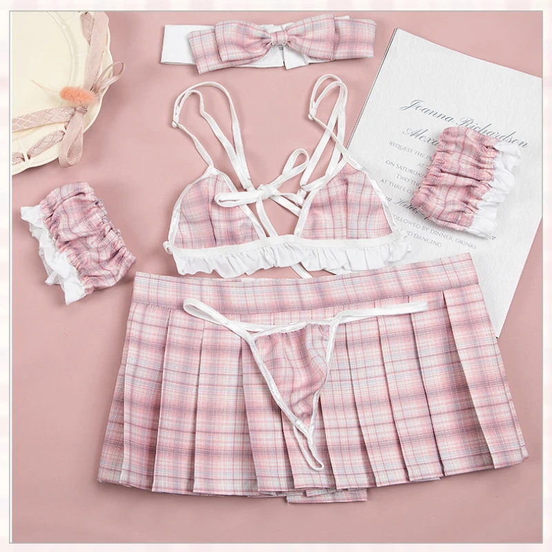 Pink School Girl Cosplay Costumes Kawaii Japanese Anime Plaid Bikini Outfit Mini Pleated Skirt For Women Back Strap Lingerie