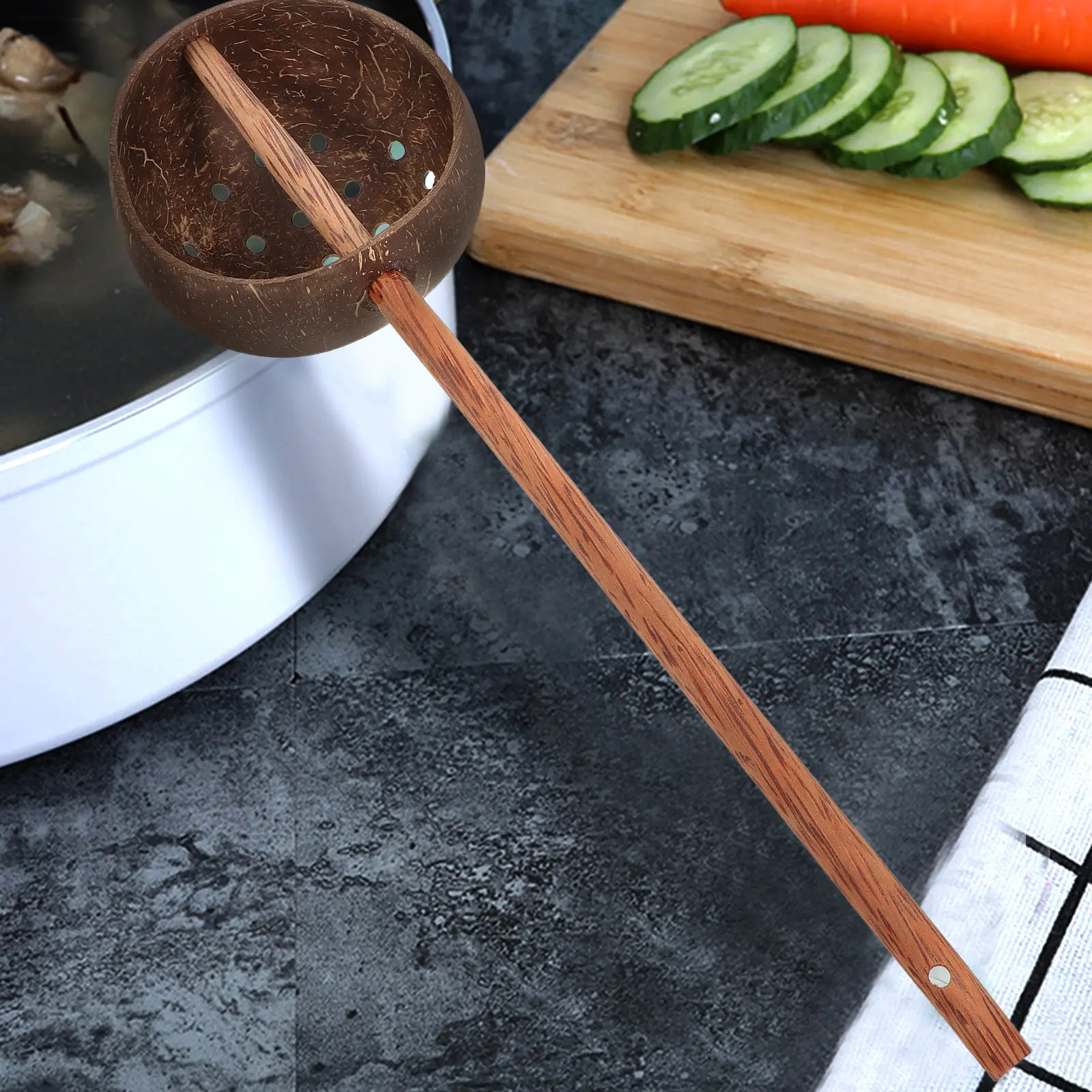 Coconut Shell Slotted Spoon Long Handle Thick Deep Design Large Head Kitchen Serving Spoon Soft Grip Household Use