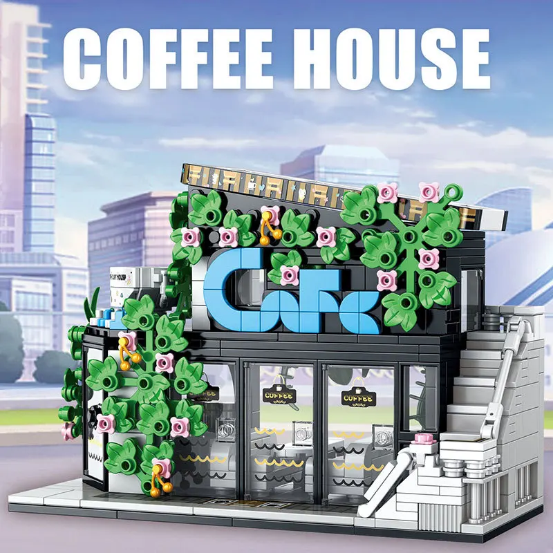 

NEW Coffee House Bricks Model Street View Cafe Modern Design 572pcs With Lighting Assemble Building Blocks Toys Gifts Ornament