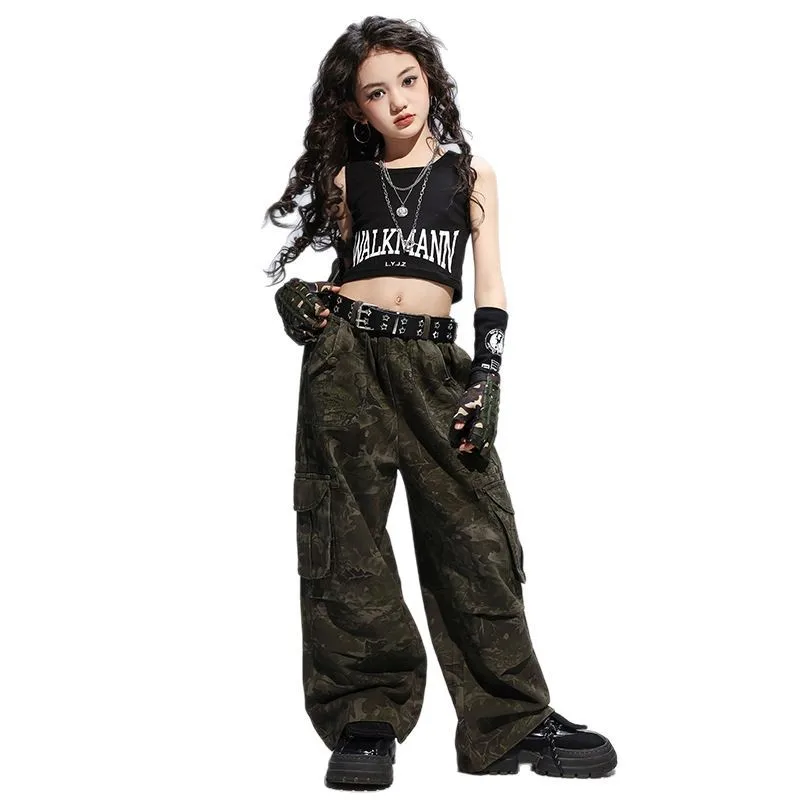 Kid Hip Hop Clothing Army Green Sleeveless Crop Jacket Tank Top Camo Casual Wide Cargo Pants for Girl Jazz Dance Costume Clothes view 5