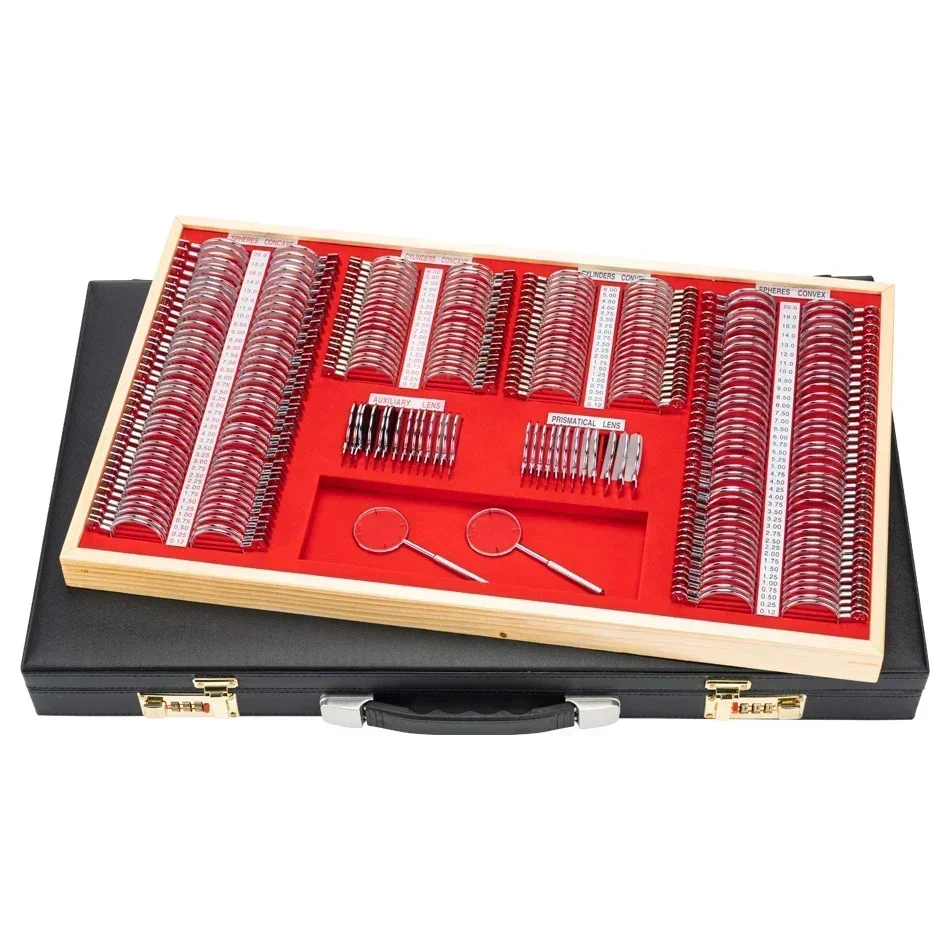 مجموعة عدسات طب العيون من الدرجة A com estojo de couro، حافة معدنية بصرية، lrest de test، Equipamento Opstico de alta kvalitet، JS-26