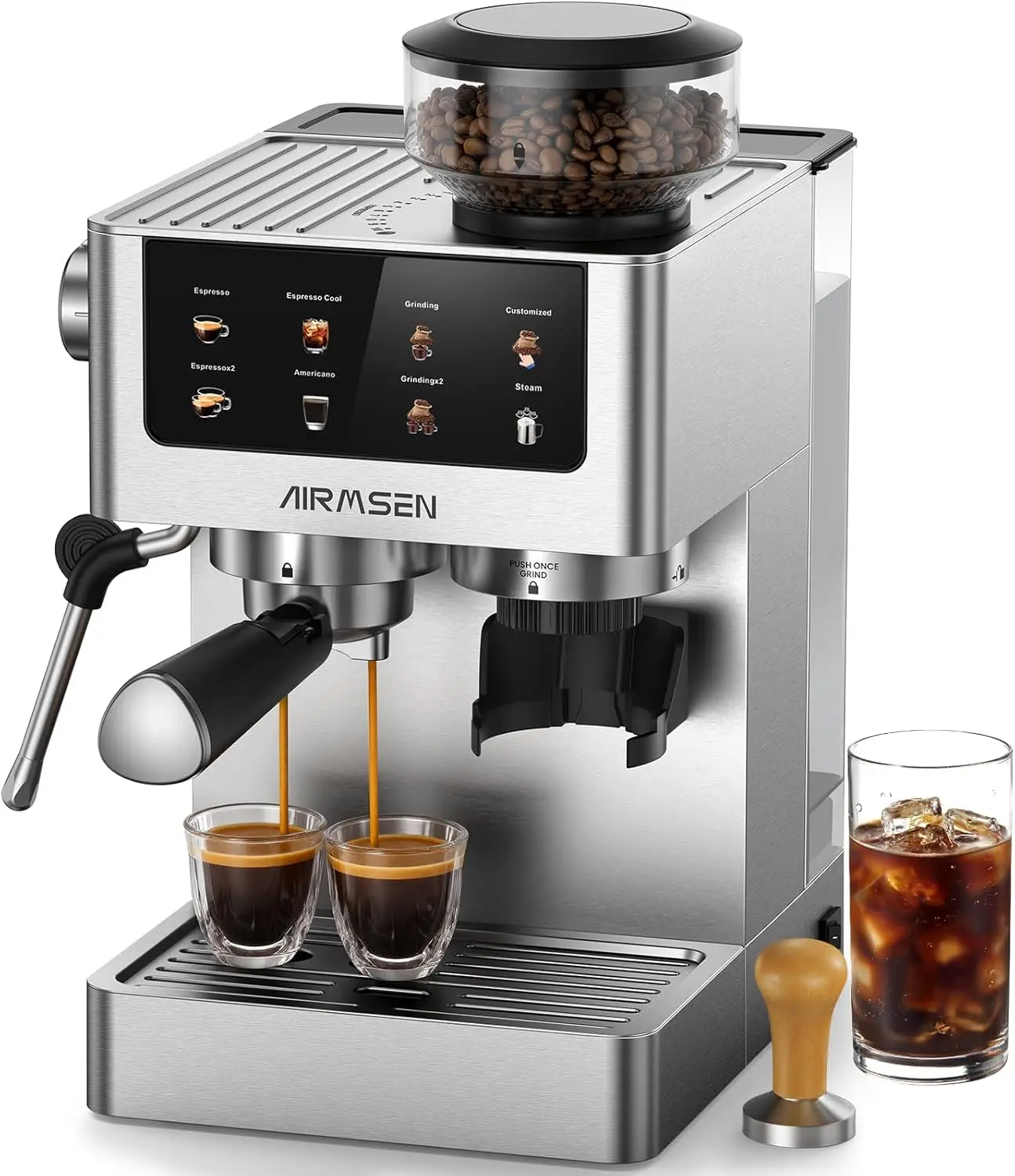 Espresso Machines with Burr Grinder, 20 Bar, Milk Frother Steam Wand, Stainless Steel Coffee Maker for Home - Cappuccino