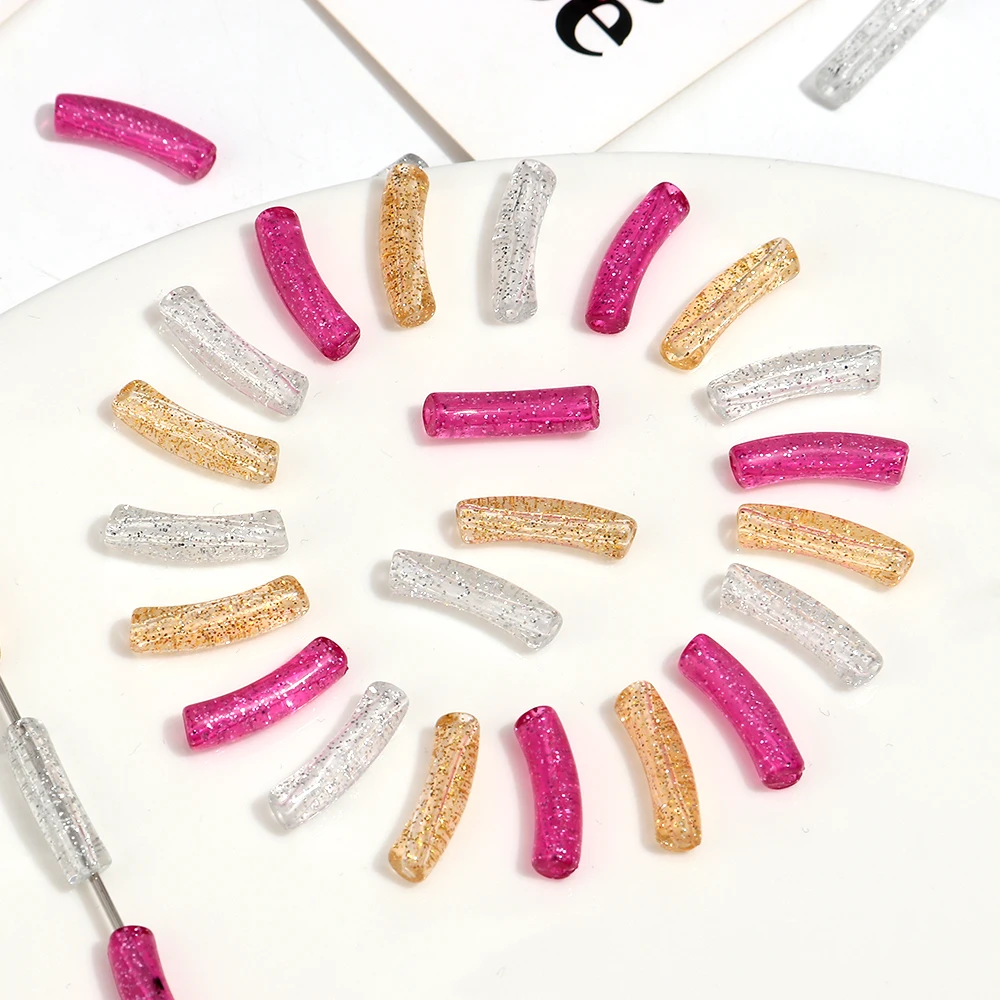 80pcs Gold Powder Acrylic 20x5mm Mini Bend Tube Beads Color Resin Loose Bead for DIY Bracelet Necklace Jewelry Accessories