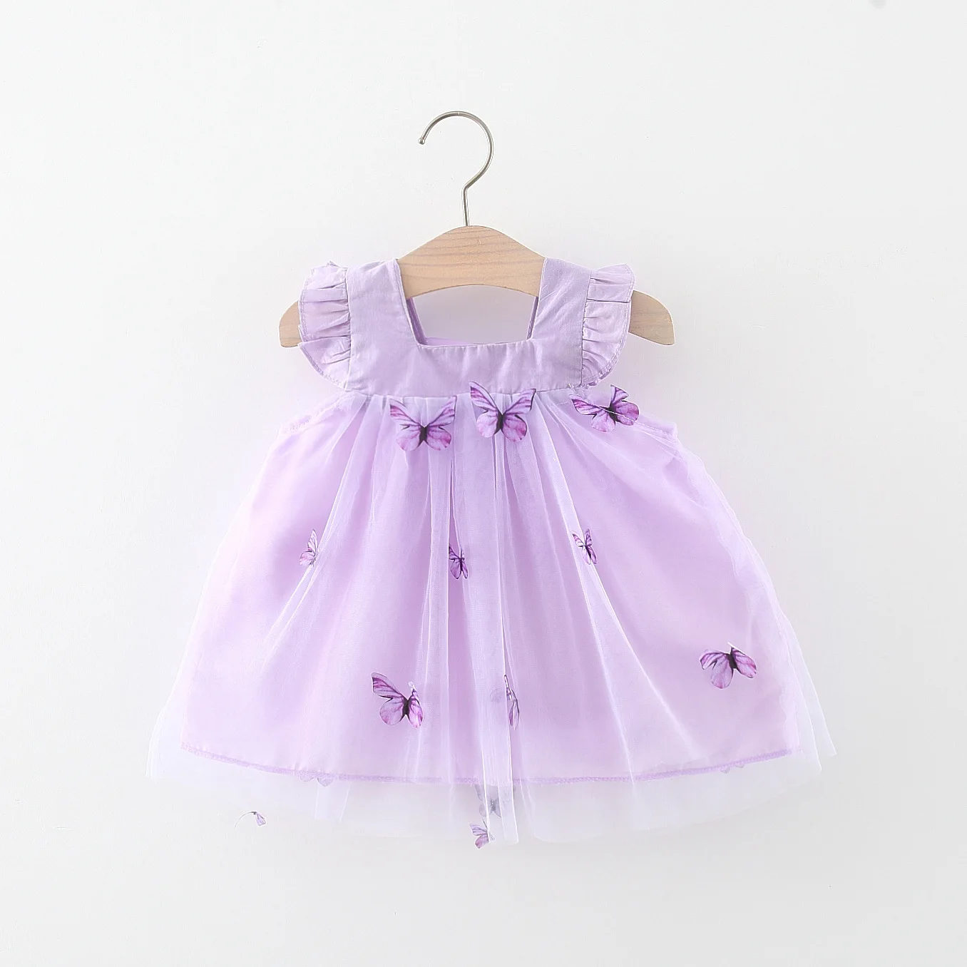 Letnia nowa sukienka Sweet Solid Color Flying Sleeves Mesh Butterfly Princess Dress Party Dress odpowiednia dla niemowląt w wieku 0-3 lat