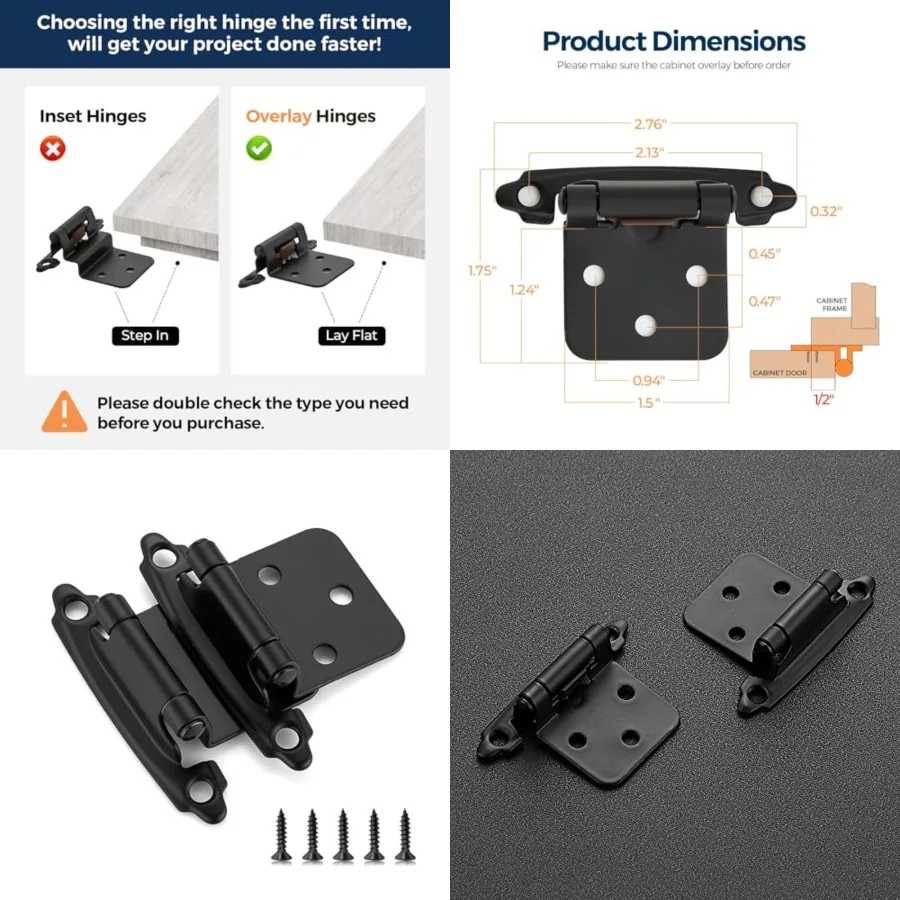 

Pack Pairs 1/ Overlay (Variable) Cabinet Hinges, Self-Closing Semi-Concealed Face Mount, Matte Decorative Hardware with Door Bu
