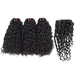 Pixie Curl Hair Bundles with Closure Deep Curly Hair Brazilian Raw Hair Weaving 8-20 Inch Human Hair Loose Deep Wave Extensions