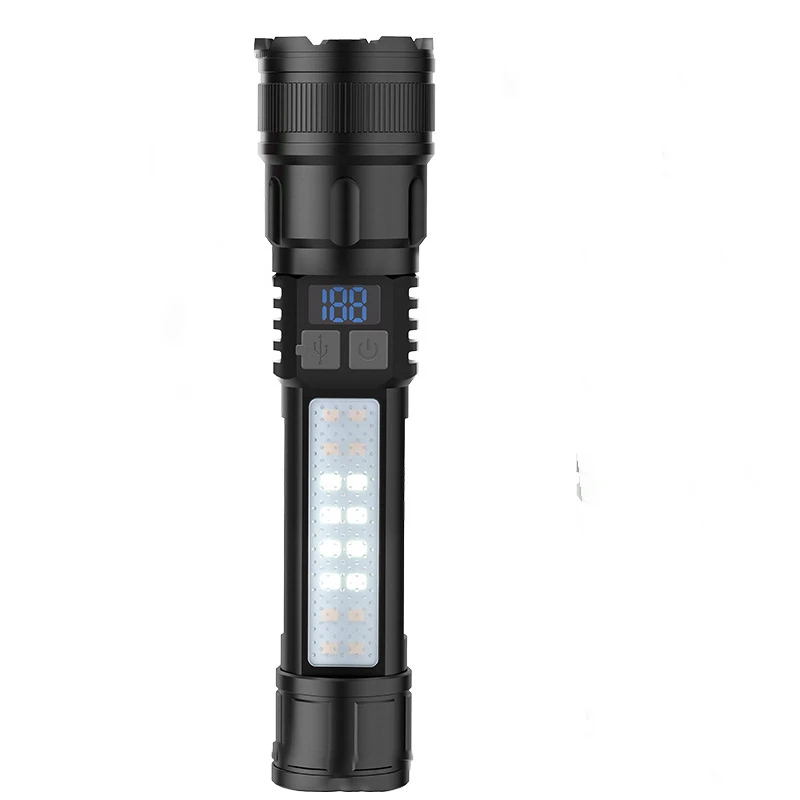 Strong Light Warning Flashlight Household Outdoor Lighting Rechargeable Digital Display Red Blue White Multi-level Side Light
