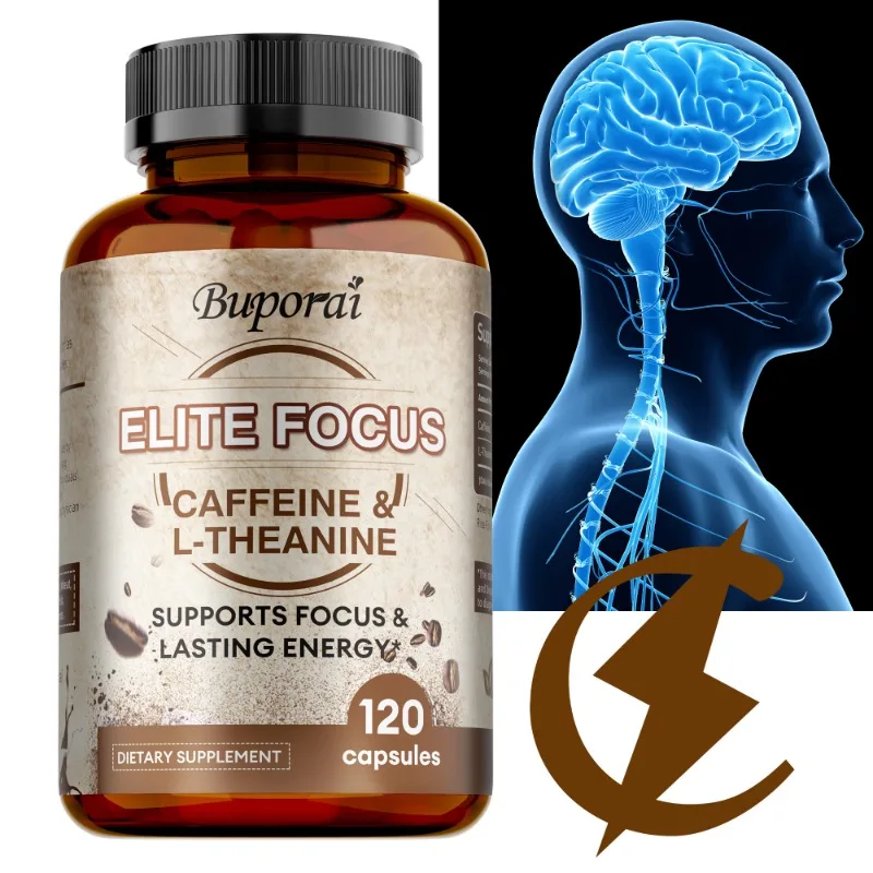 Cápsulas de cafeína Elite con L-Theanine - Proporciona energía limpia, resistencia, alivio del estrés y mejora cognitiva - 120 piezas