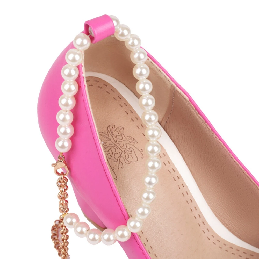 جديد السيدات أنيقة القوس جولة تو الأبيض عالية الكعب النساء أزياء كعب سميك حفل زفاف اللؤلؤ أحذية الزفاف حجم كبير 48 فولت-14 #3