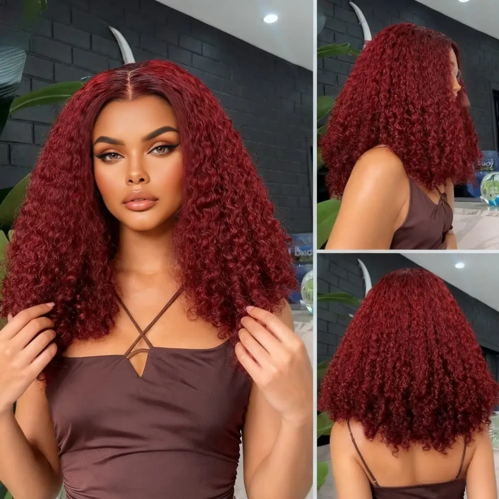 

Короткий парик 99j бургундского цвета с глубокими волнами, с кружевной передней частью 13x4, HD, кудрявый, из натуральных волос, без клея, предварительно выщипанный, плотность 250%