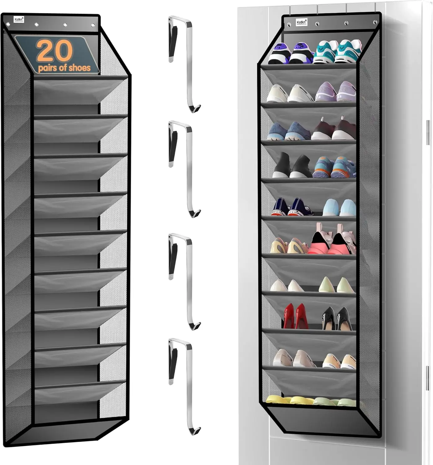 

10-уровневый органайзер для обуви на дверь - прочная подвесная полка для хранения из плотной ткани Оксфорд, вмещает более 20 пар обуви, Boo