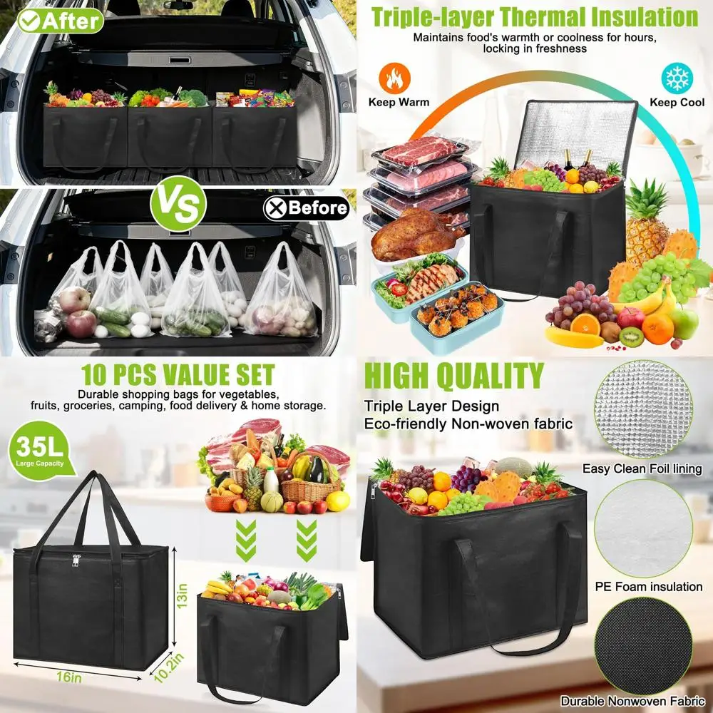 

Set of 10 XL Insulated Reusable Grocery Bags with Zipper, Washable Heavy-Duty Cooler Totes for Hot/Cold Food Delivery, Groceries