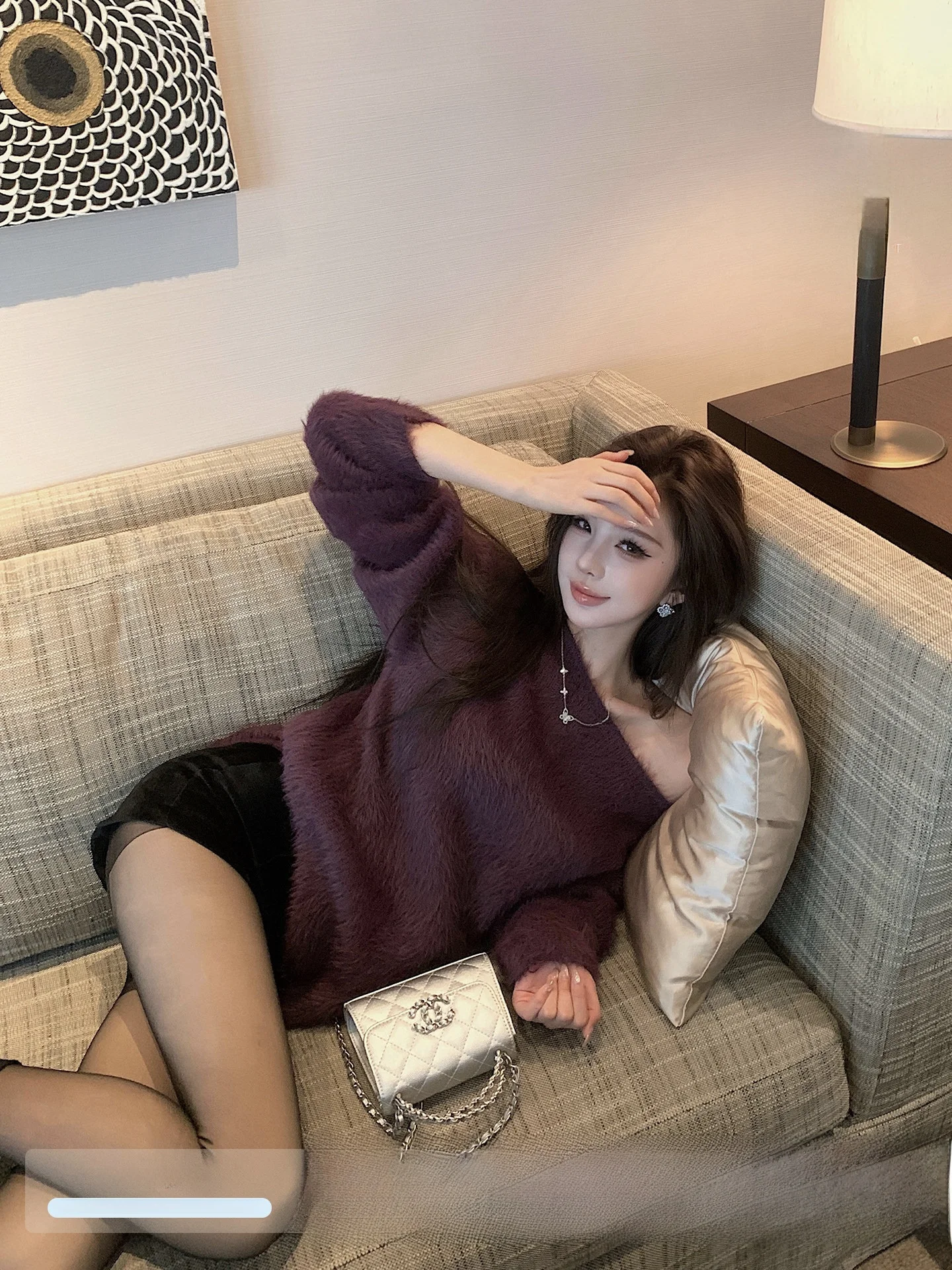 

Purple Pure Desire Mink Velvet Slope Shoulder Sweater Women's Winter Slim Fit Top Gentle Surrounding Style Online Exclusive