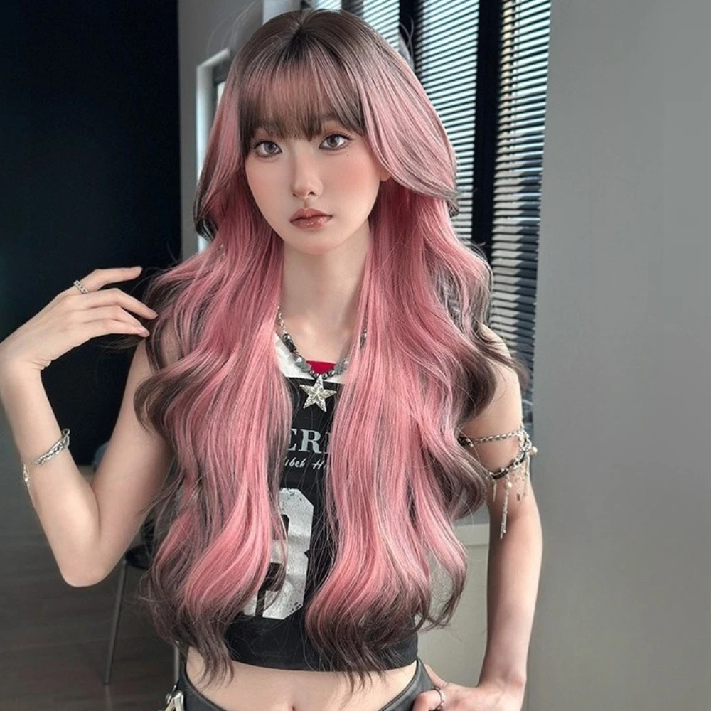 80cm Fashion Long Wave Black Pink Gradient Wig with Bangs for Women Heat Resistant Synthetic Long Wavy Hair Natural Wigs Girls