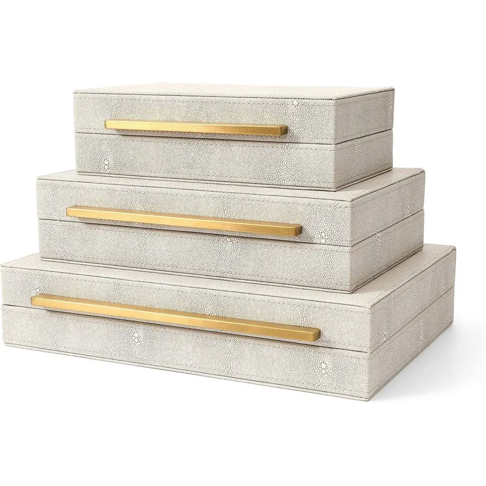 

3-Piece Ivory Shagreen Leather Decorative Storage Boxes for Men's Accessories Organizer