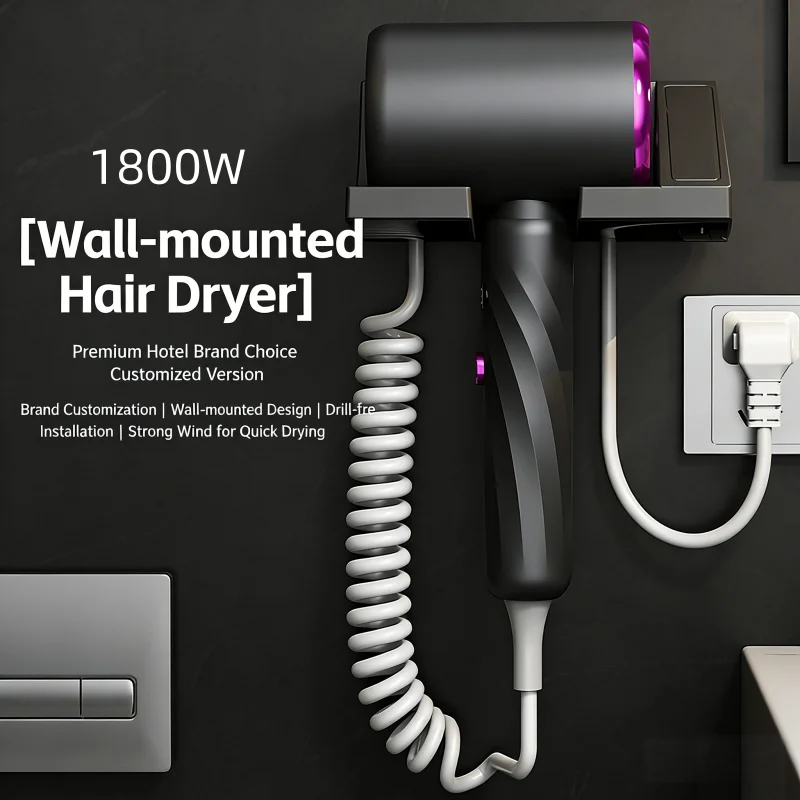 1800w壁掛けヘアドライヤー、led温度表示付き、3段階温度調節（温風-冷風）、ホテルや家庭の浴室用、穴あけ不要