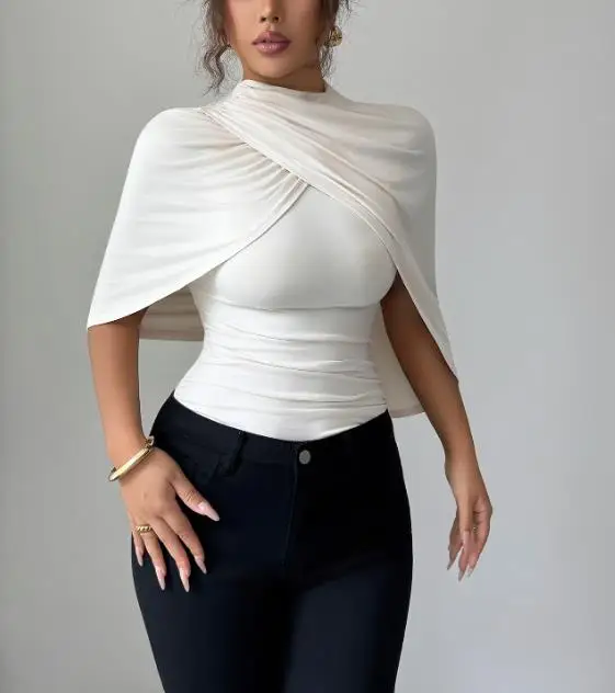

Top Women 2025 Spring Summer New Elegant Solid Color High Neck Shawl Short Sleeved Ruched Casual Slim Fit Daily T-Shirt Top