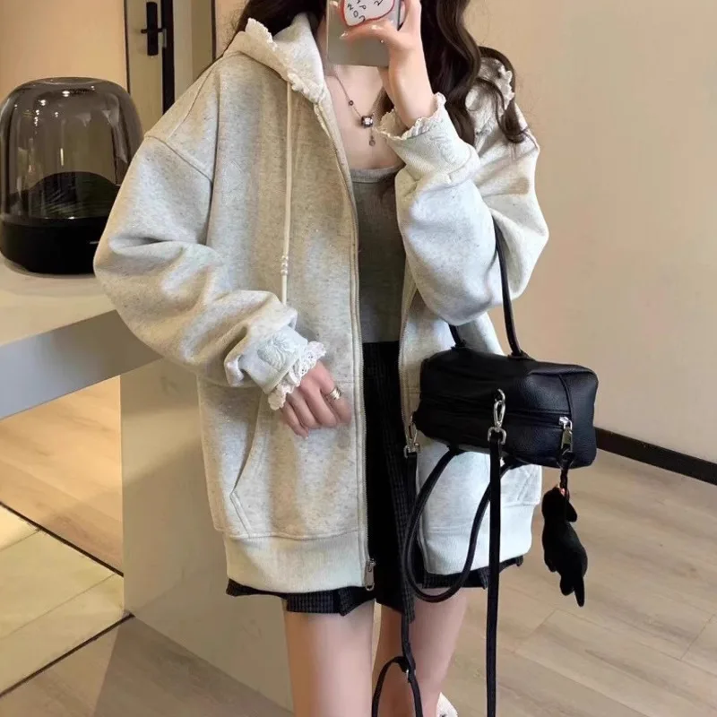 2025 Autumn Embroidered Bow Lace Edge Patchwork Hoodies Women Pearls Beading Korean Style Zipper Sweatshirt Fashion Streetwear