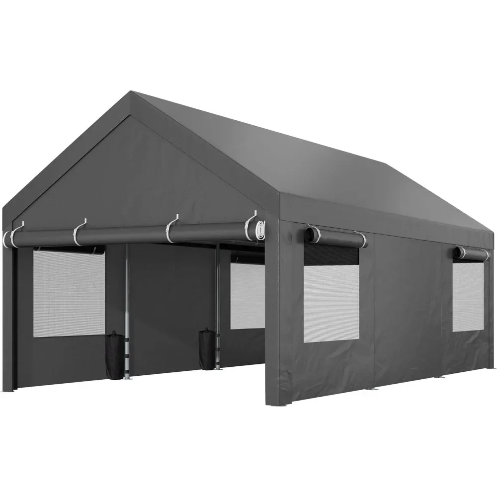 10x18.5ft Heavy Duty Carport, Portable Garage with Removable Sidewalls, Doors and Ventilated Windows, All-Season Tarp