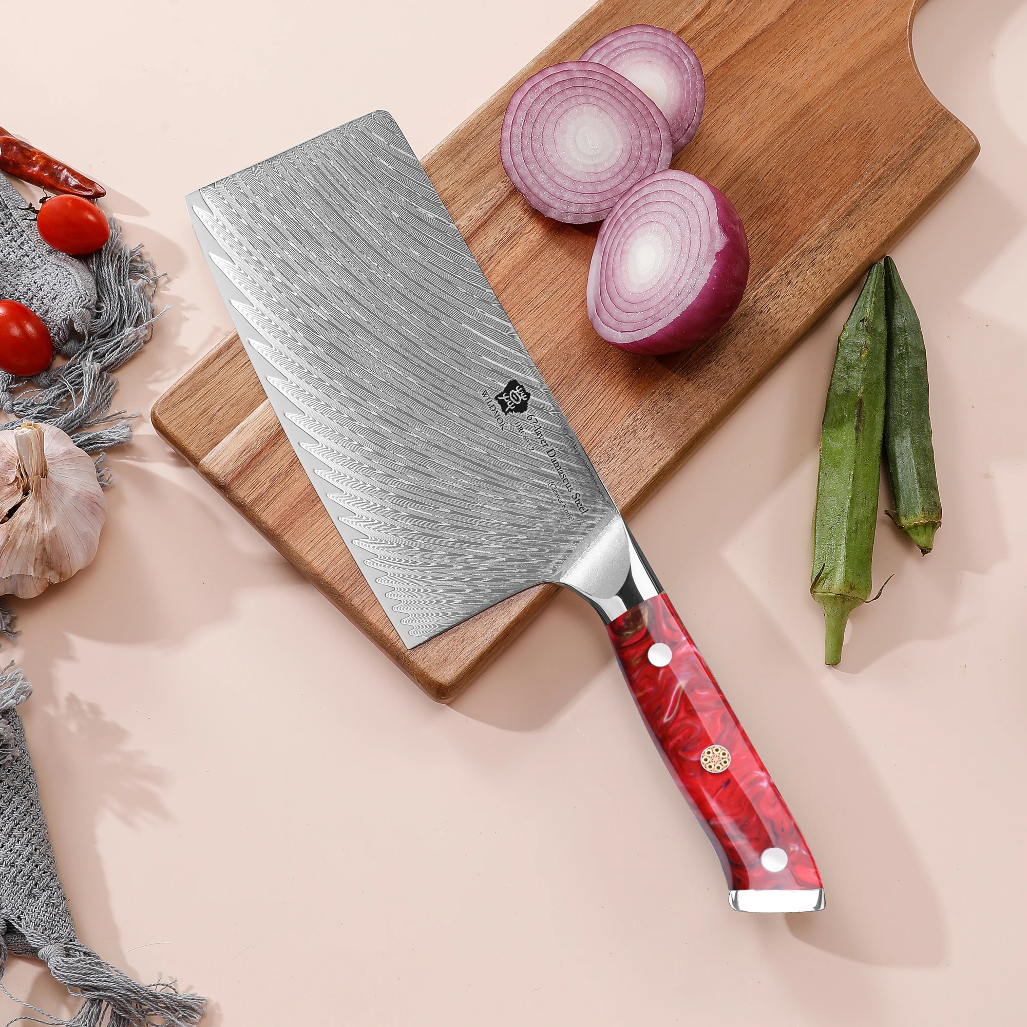 WILDMOK 7 Inch 67 Layer Damascus VG10 Steel Cleaver Knife, Red Resin Handle for Home Restaurant Meat Veggie Cutting