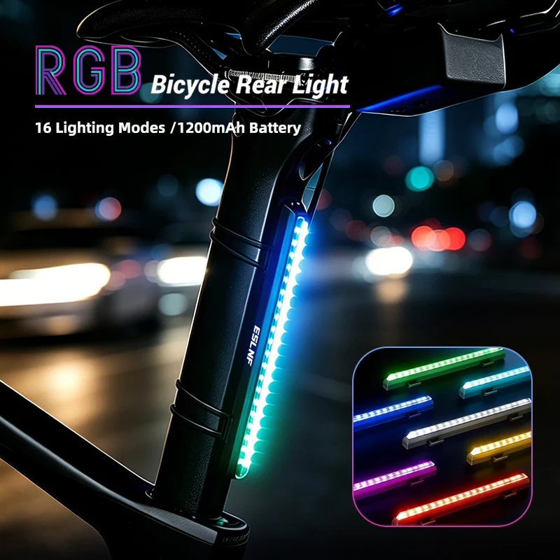 Lanterna Traseira de Bicicleta ESLNF RGB com Montagem no Guidão, 1200mAh, Recarregável via Tipo-C, IPX4 à Prova d'Água para Passeios Noturnos