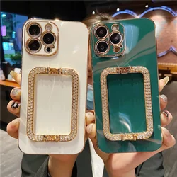 Korea Glitter Square Holder Phone Case For iPhone 16 15 14 13 12 11 Pro Max Mini Plus Crystal Metal Ring Stand Shockproof Cover